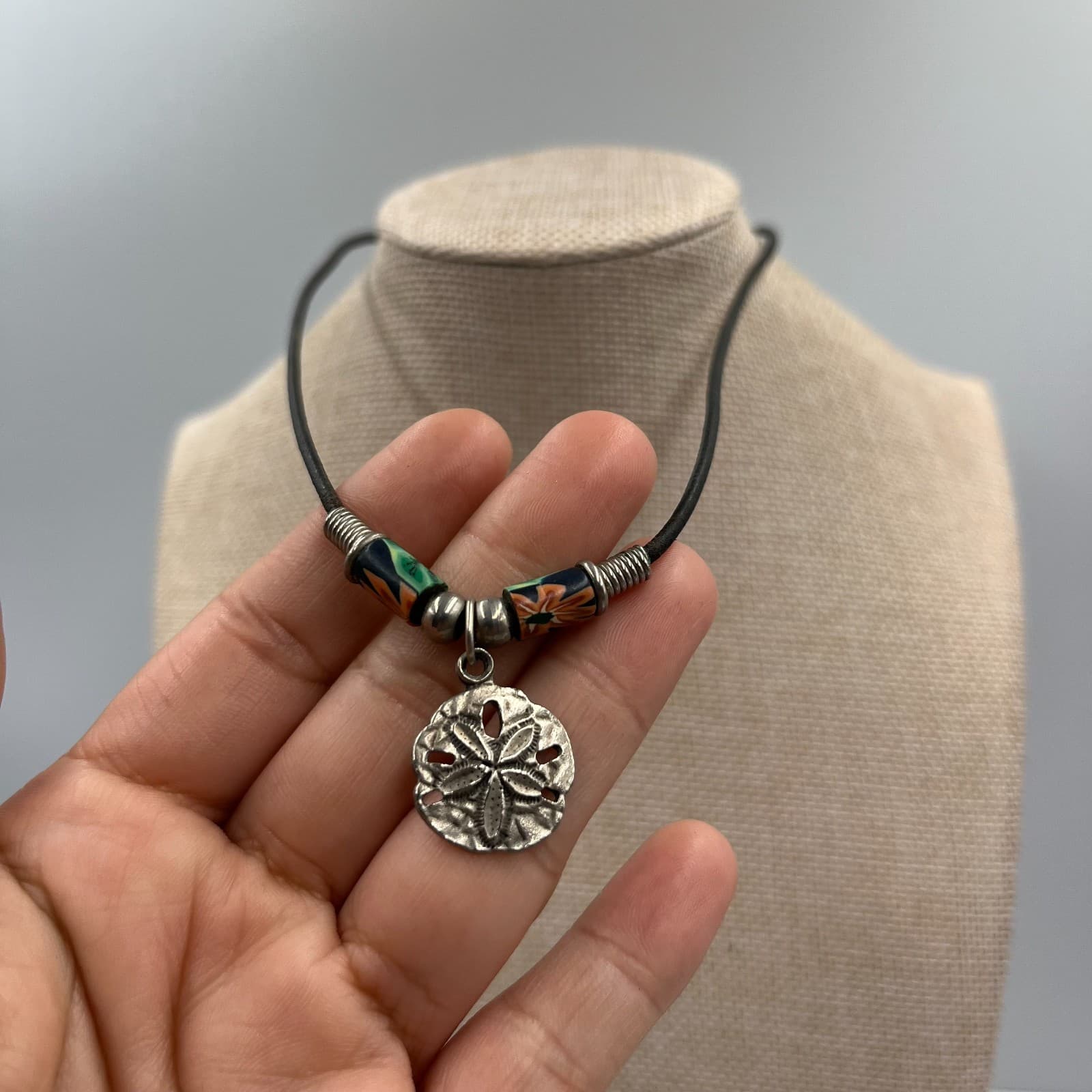 Vintage Sand Dollar Necklace Leather Cord Millefiori Flower Beads Beach Boho - Thumbnail 4