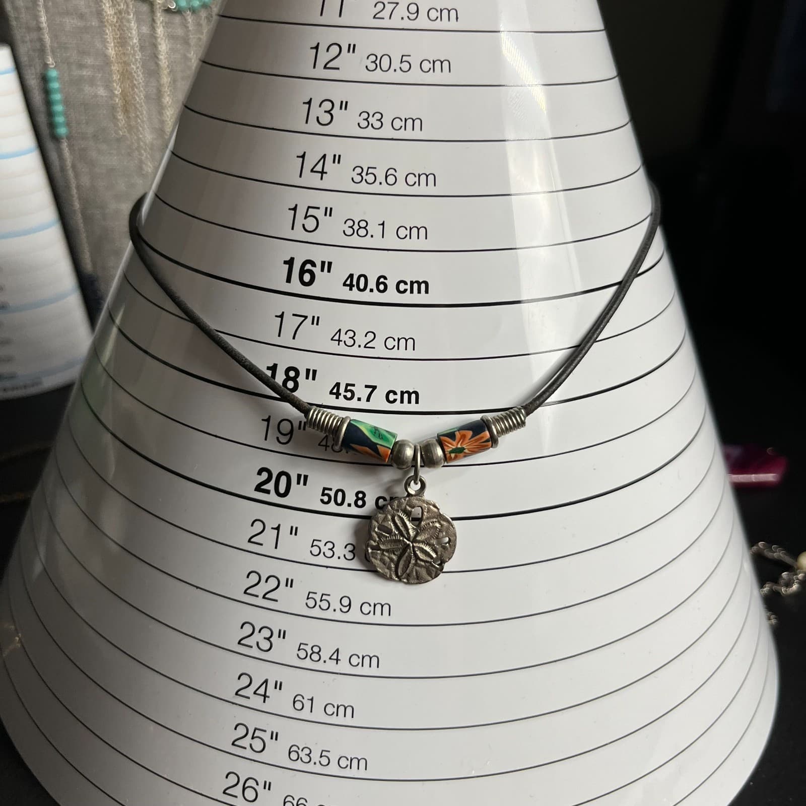 Vintage Sand Dollar Necklace Leather Cord Millefiori Flower Beads Beach Boho - Thumbnail 7