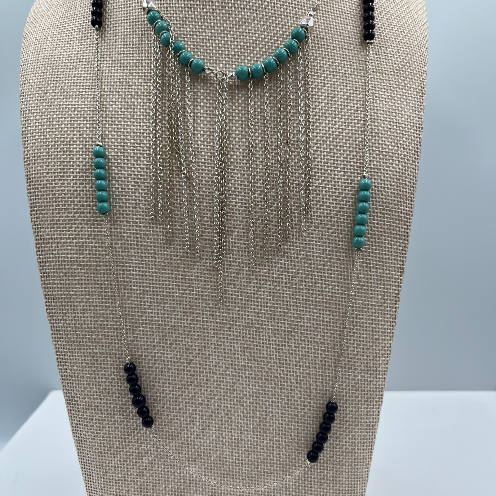 Vtg Boho Layered Statement Necklace Turquoise Beads Silver Tone Fringe Bib Tag - Thumbnail 3
