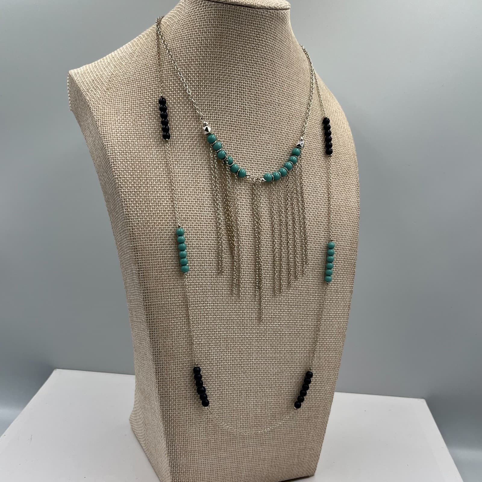 Vtg Boho Layered Statement Necklace Turquoise Beads Silver Tone Fringe Bib Tag - Thumbnail 5