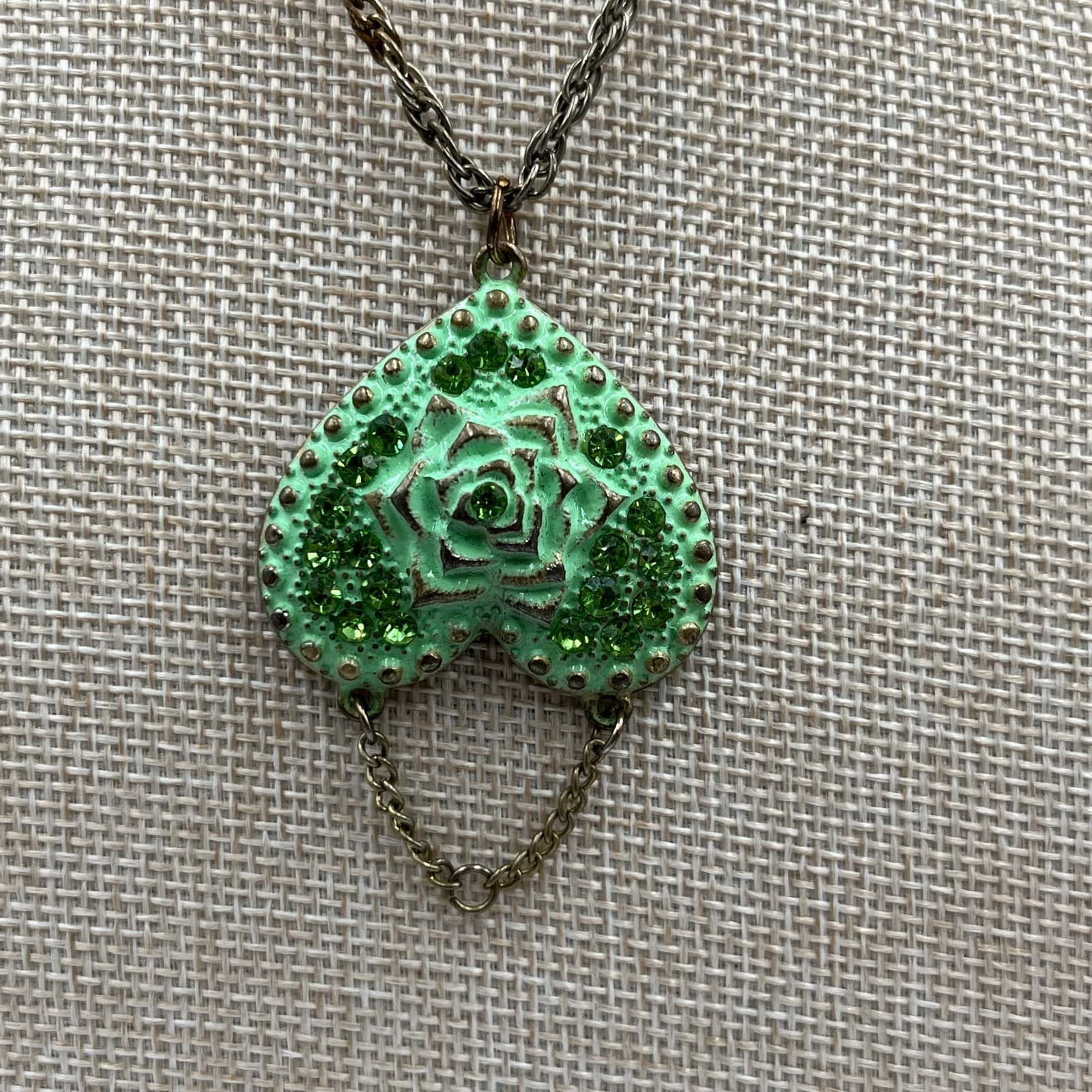 Vintage Enamel Heart Rose Necklace Green Rhinestone Victorian Revival Gold Tone - Image 1