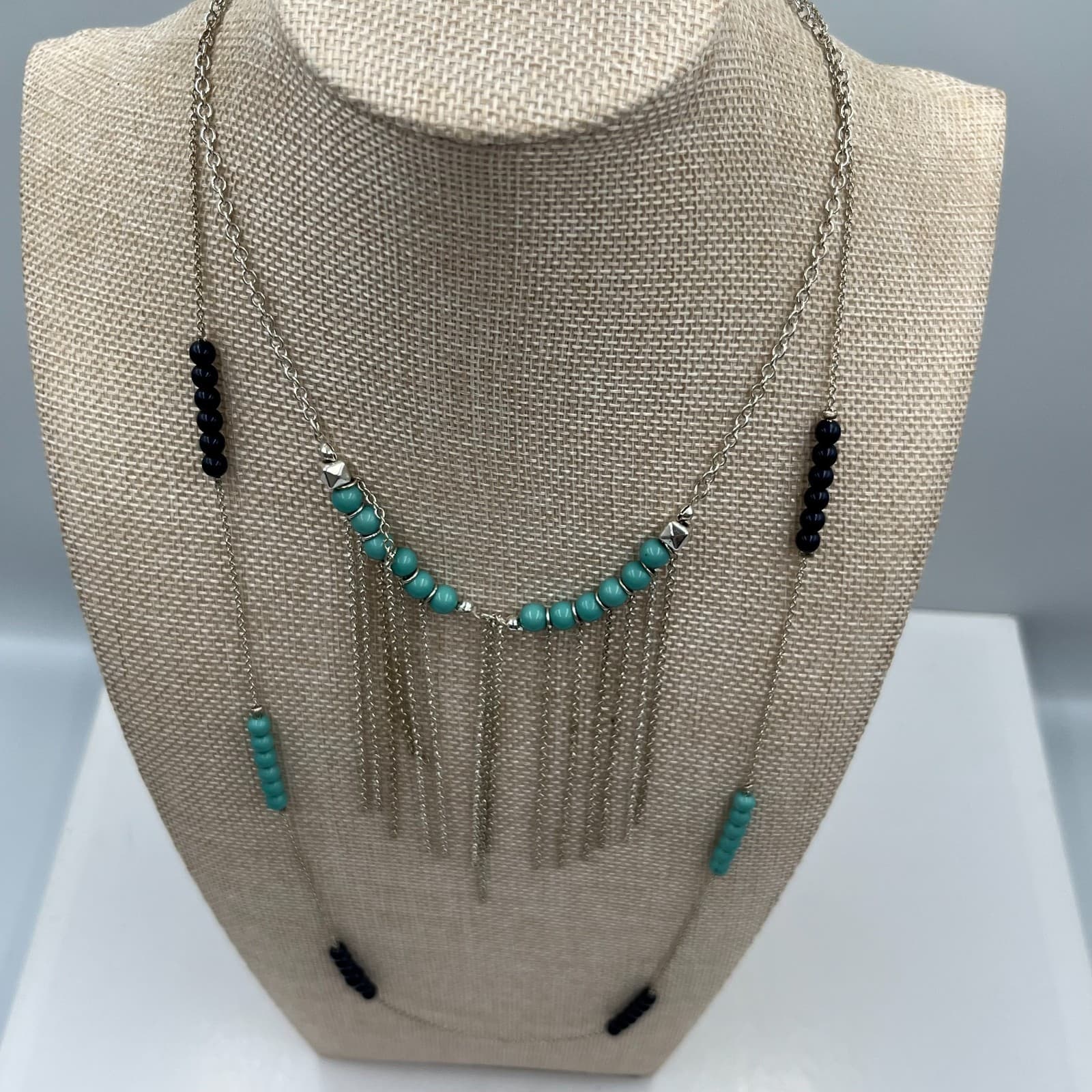 Vtg Boho Layered Statement Necklace Turquoise Beads Silver Tone Fringe Bib Tag - Thumbnail 4