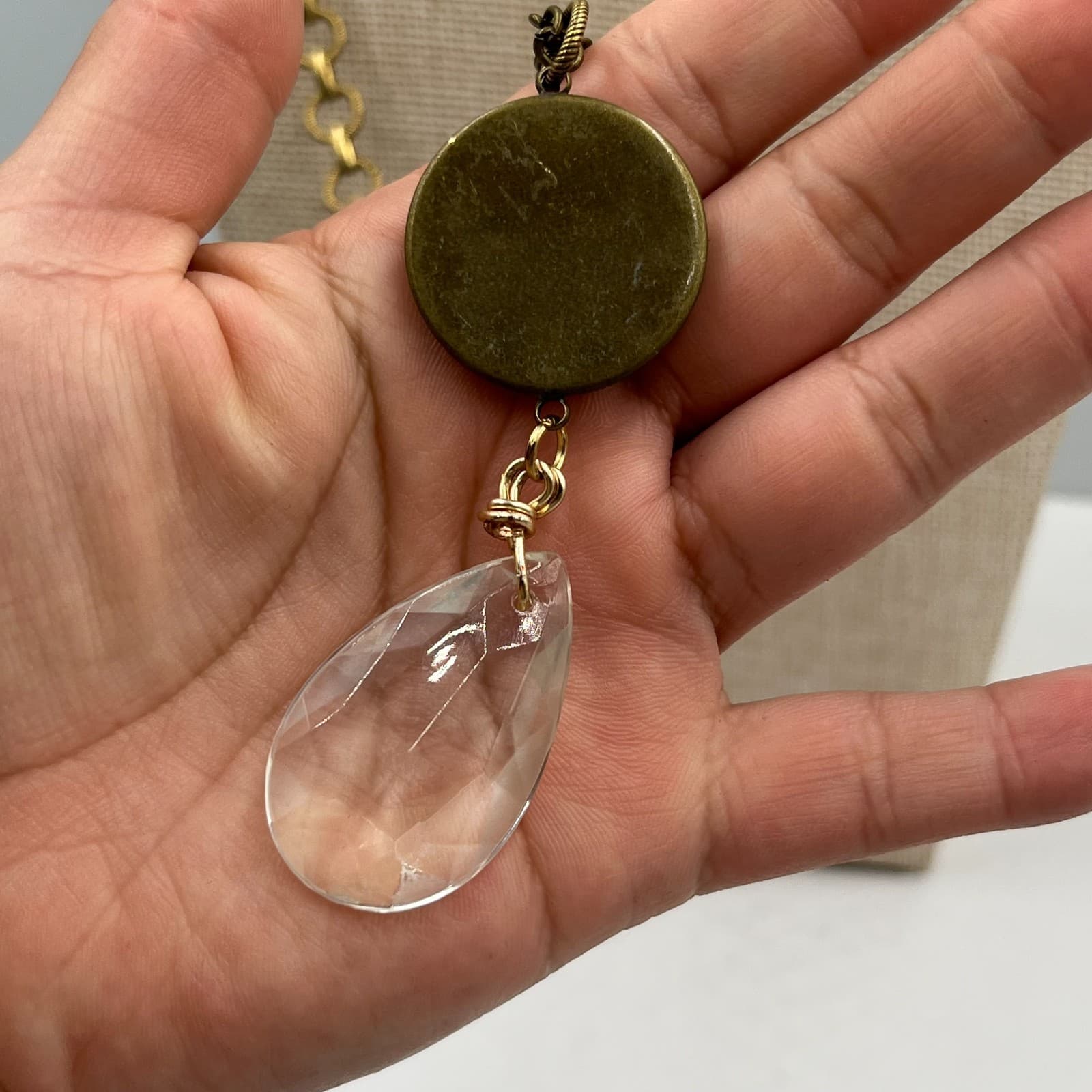 Vintage Style Brass Teardrop Necklace Faceted Glass Crystal Pendant Long Stateme - Thumbnail 6