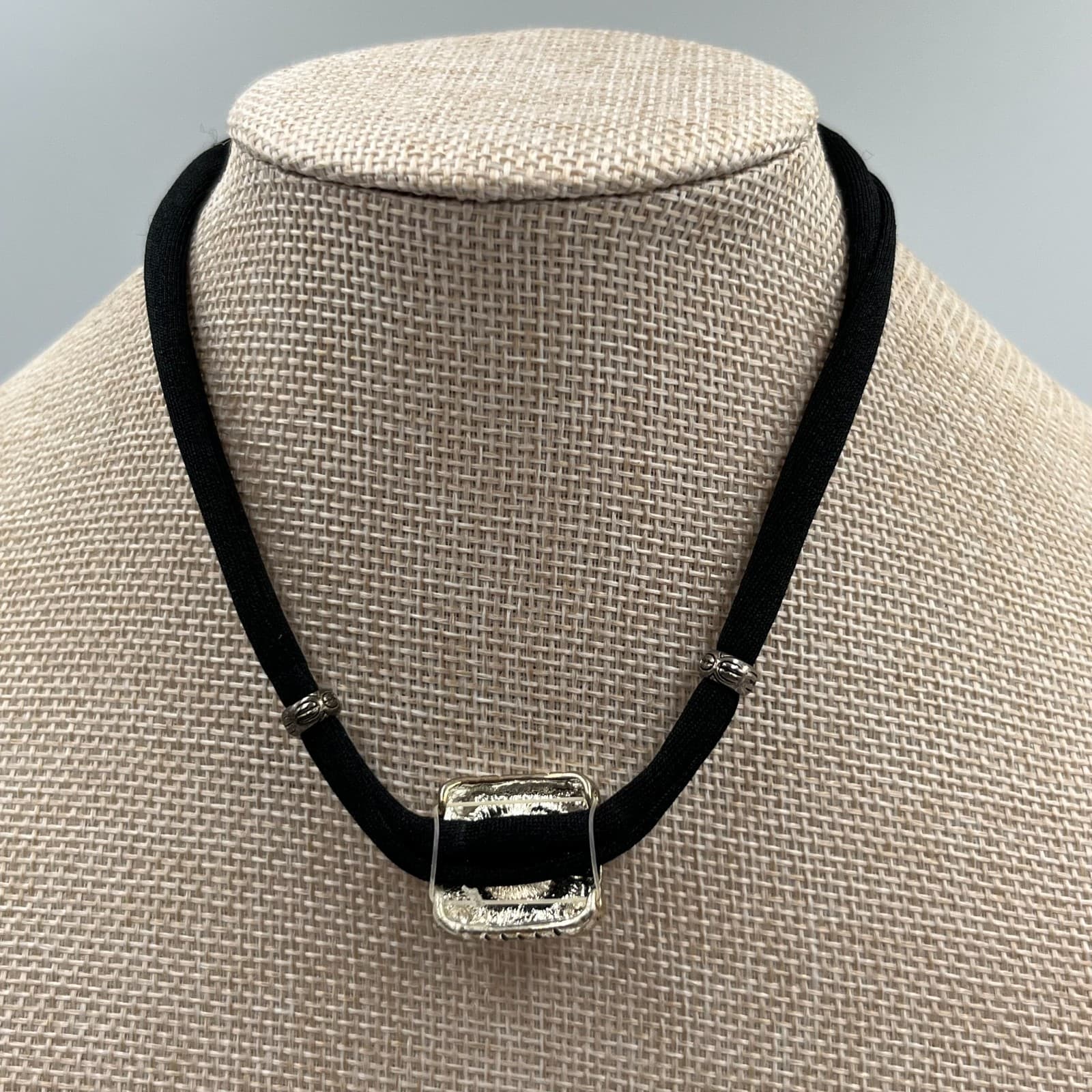 Vintage Black Cord Choker Necklace Square Clear Rhinestone Crystal Slide Charm - Thumbnail 4