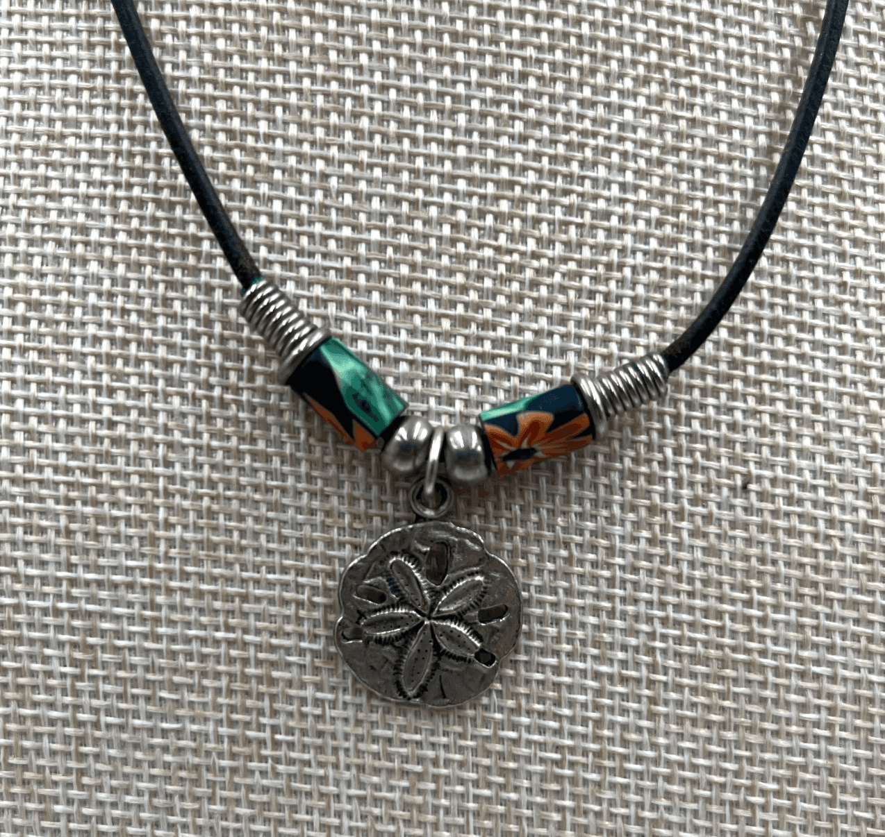 Vintage Sand Dollar Necklace Leather Cord Millefiori Flower Beads Beach Boho - Image 1