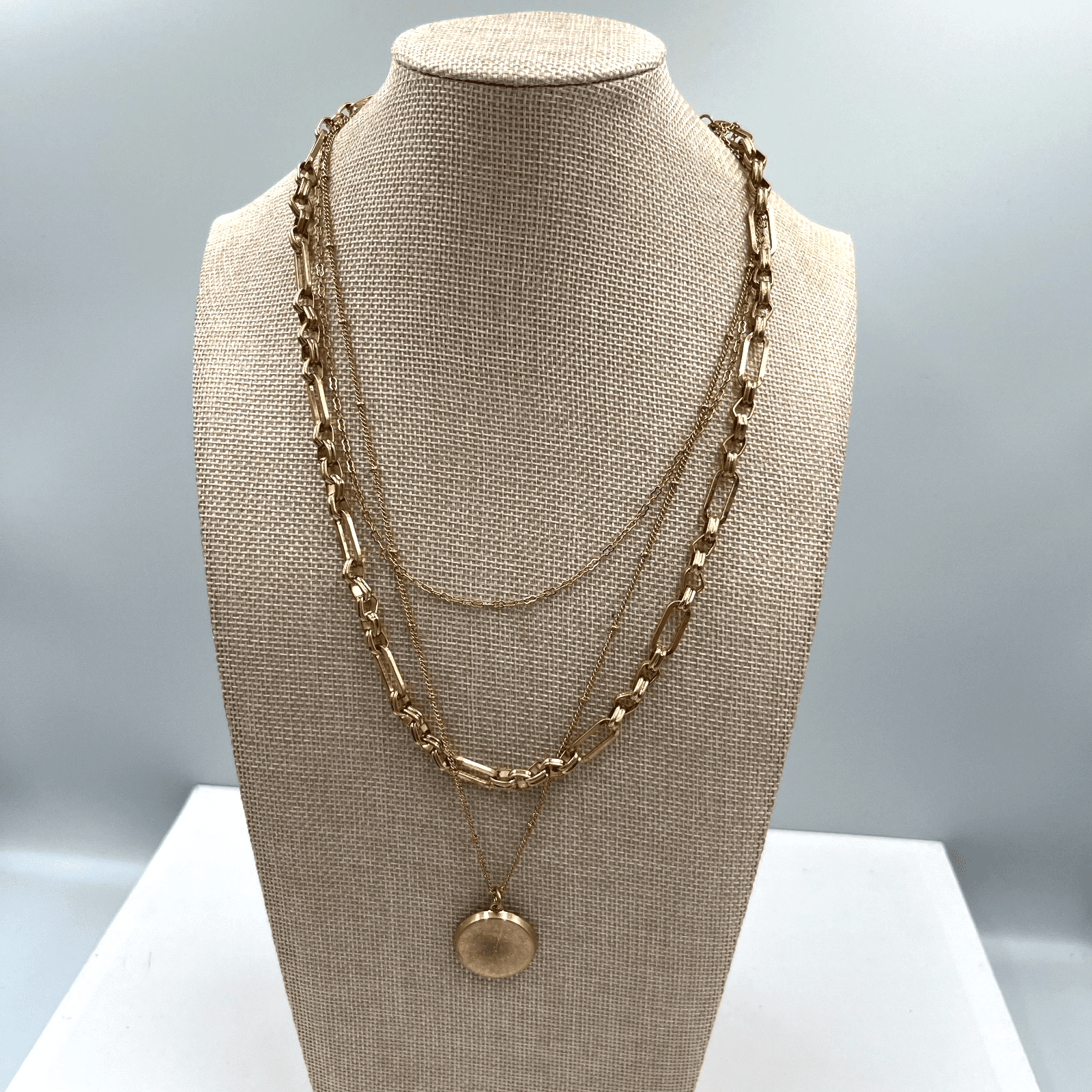 Vintage Gold Tone Triple Strand Layered Necklace Round Locket Pendant 18-24" - Image 1