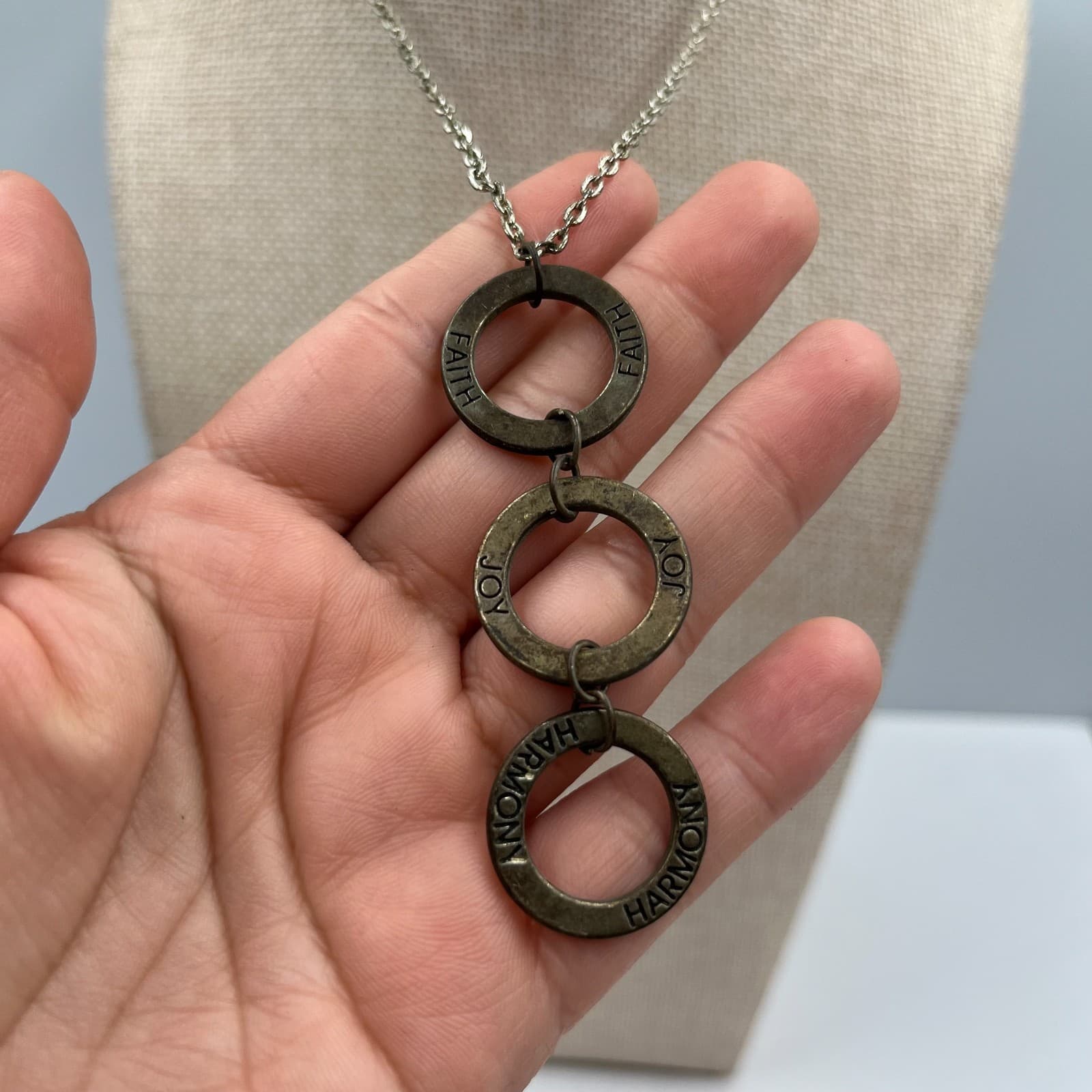 Vintage Faith Joy Harmony Triple Ring Pendant Necklace Mixed Metal Inspirational - Thumbnail 3