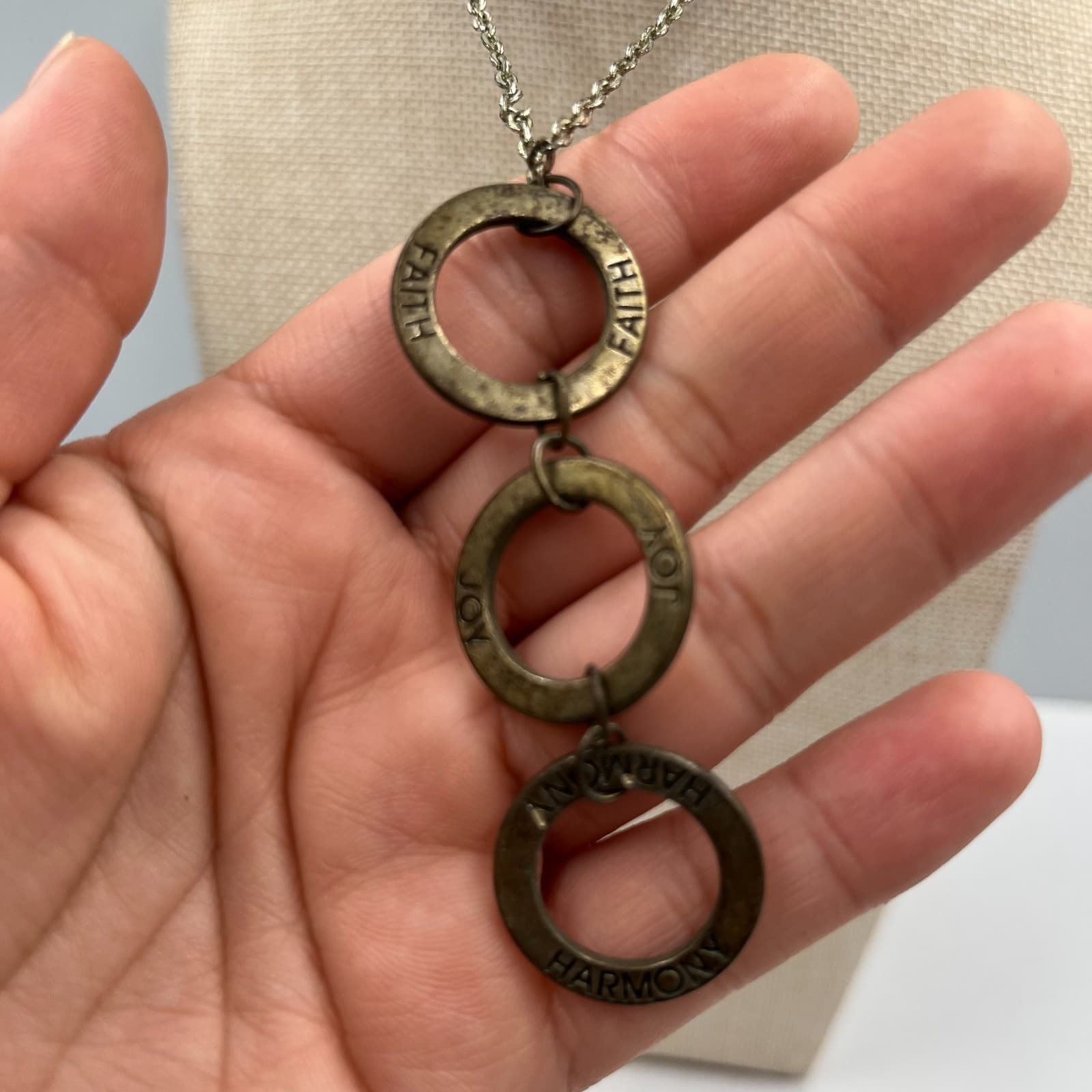 Vintage Faith Joy Harmony Triple Ring Pendant Necklace Mixed Metal Inspirational - Thumbnail 4