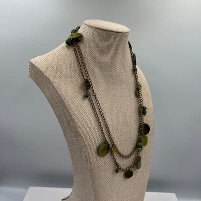 Green Beaded Charm Necklace Double Strand Antique Brass Tone Dangle Disc Boho - Thumbnail 4