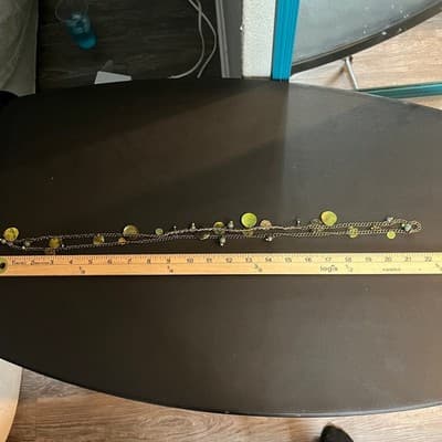 Green Beaded Charm Necklace Double Strand Antique Brass Tone Dangle Disc Boho - Thumbnail 7