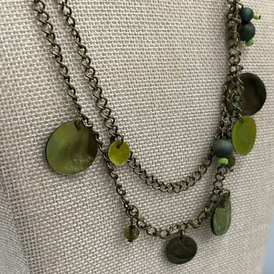 Green Beaded Charm Necklace Double Strand Antique Brass Tone Dangle Disc Boho - Thumbnail 5