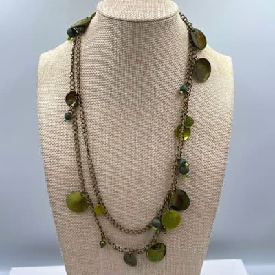 Green Beaded Charm Necklace Double Strand Antique Brass Tone Dangle Disc Boho - Image 1
