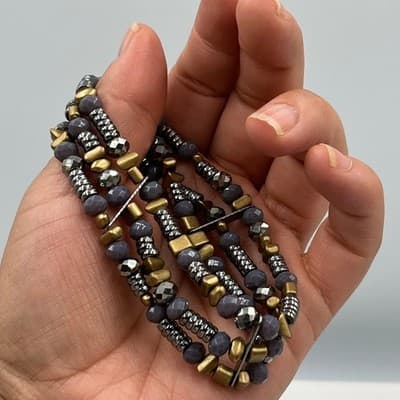 Vintage Multi Strand Beaded Bracelet Gray Faceted Beads Gold Silver Tone Wrap - Thumbnail 6