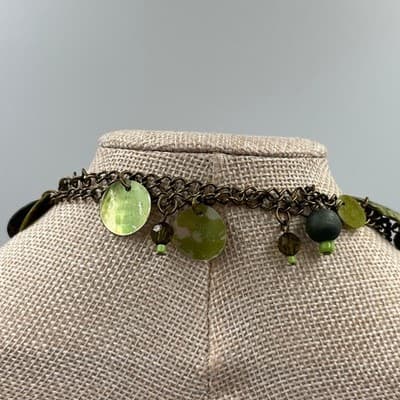 Green Beaded Charm Necklace Double Strand Antique Brass Tone Dangle Disc Boho - Thumbnail 6