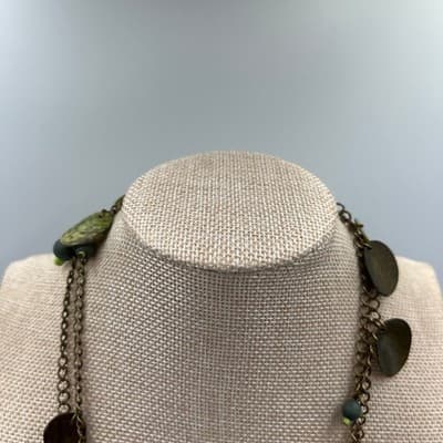 Green Beaded Charm Necklace Double Strand Antique Brass Tone Dangle Disc Boho - Thumbnail 2