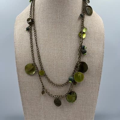Green Beaded Charm Necklace Double Strand Antique Brass Tone Dangle Disc Boho - Thumbnail 3