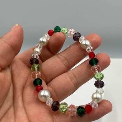 Vintage Multicolor Beads Stretch Bracelet Faux Pearl Glass Holiday Color Jewelry - Thumbnail 4