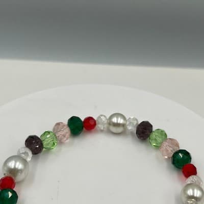 Vintage Multicolor Beads Stretch Bracelet Faux Pearl Glass Holiday Color Jewelry - Thumbnail 3