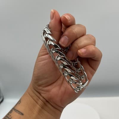 Vintage Silver Tone V-Link Chain Bracelet Mid Century Atomic Leaf Panel Fashion - Thumbnail 8