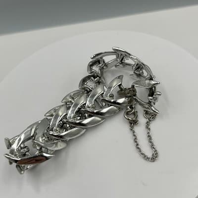 Vintage Silver Tone V-Link Chain Bracelet Mid Century Atomic Leaf Panel Fashion - Thumbnail 5
