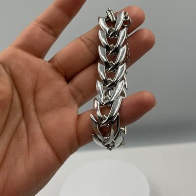 Vintage Silver Tone V-Link Chain Bracelet Mid Century Atomic Leaf Panel Fashion - Thumbnail 7