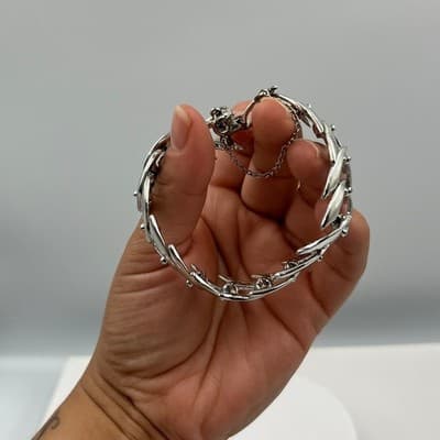 Vintage Silver Tone V-Link Chain Bracelet Mid Century Atomic Leaf Panel Fashion - Thumbnail 6