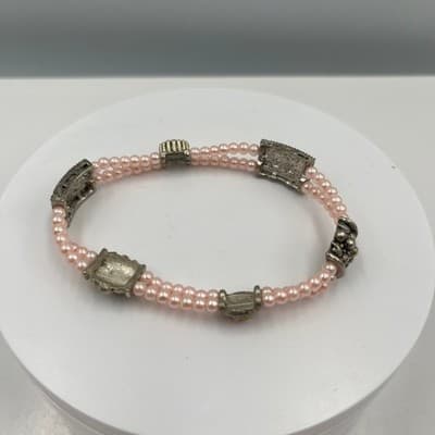 Vintage Pink Clear Crystal Beads Bracelet Silver Tone Decorative Clasp Victorian - Thumbnail 2