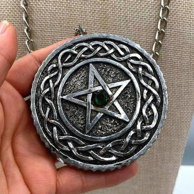 Vintage Large Celtic Pentagram Pendant Necklace Silver Tone Green Faux Stone 17" - Image 1