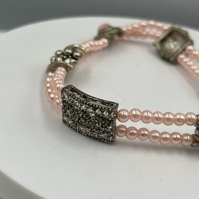 Vintage Pink Clear Crystal Beads Bracelet Silver Tone Decorative Clasp Victorian - Thumbnail 4