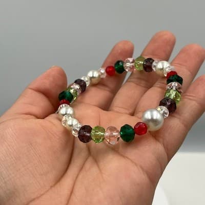 Vintage Multicolor Beads Stretch Bracelet Faux Pearl Glass Holiday Color Jewelry - Thumbnail 7