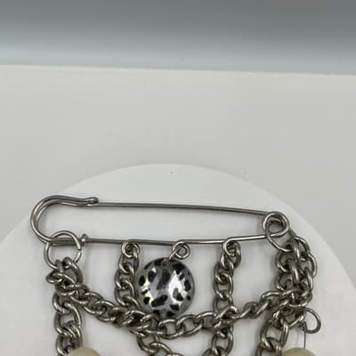 Vintage Oversize Safety Pin Brooch Silver Tone Chain Faux Pearl Dangle Statement - Thumbnail 3