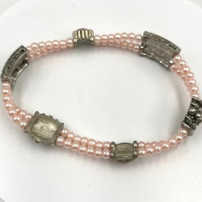 Vintage Pink Clear Crystal Beads Bracelet Silver Tone Decorative Clasp Victorian - Image 1