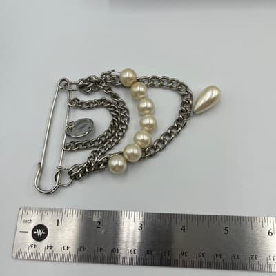 Vintage Oversize Safety Pin Brooch Silver Tone Chain Faux Pearl Dangle Statement - Thumbnail 5