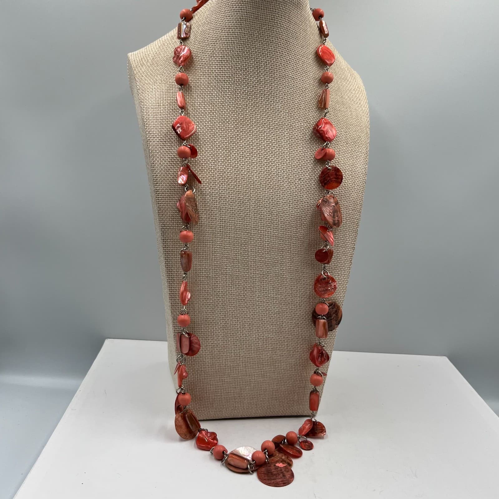 Vtg Red Shell Bead Necklace Long Strand Boho Coastal Beachy Statement Jewelry - Thumbnail 4