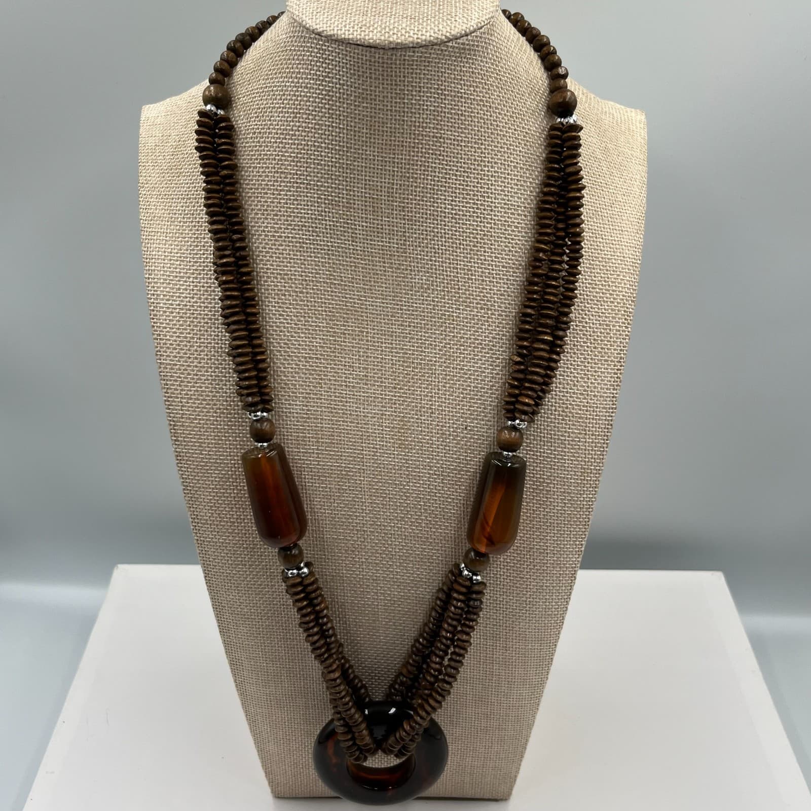 Vintage Wood Bead Necklace Multi Strand Boho Statement Resin Ring Pendant Brown - Image 1