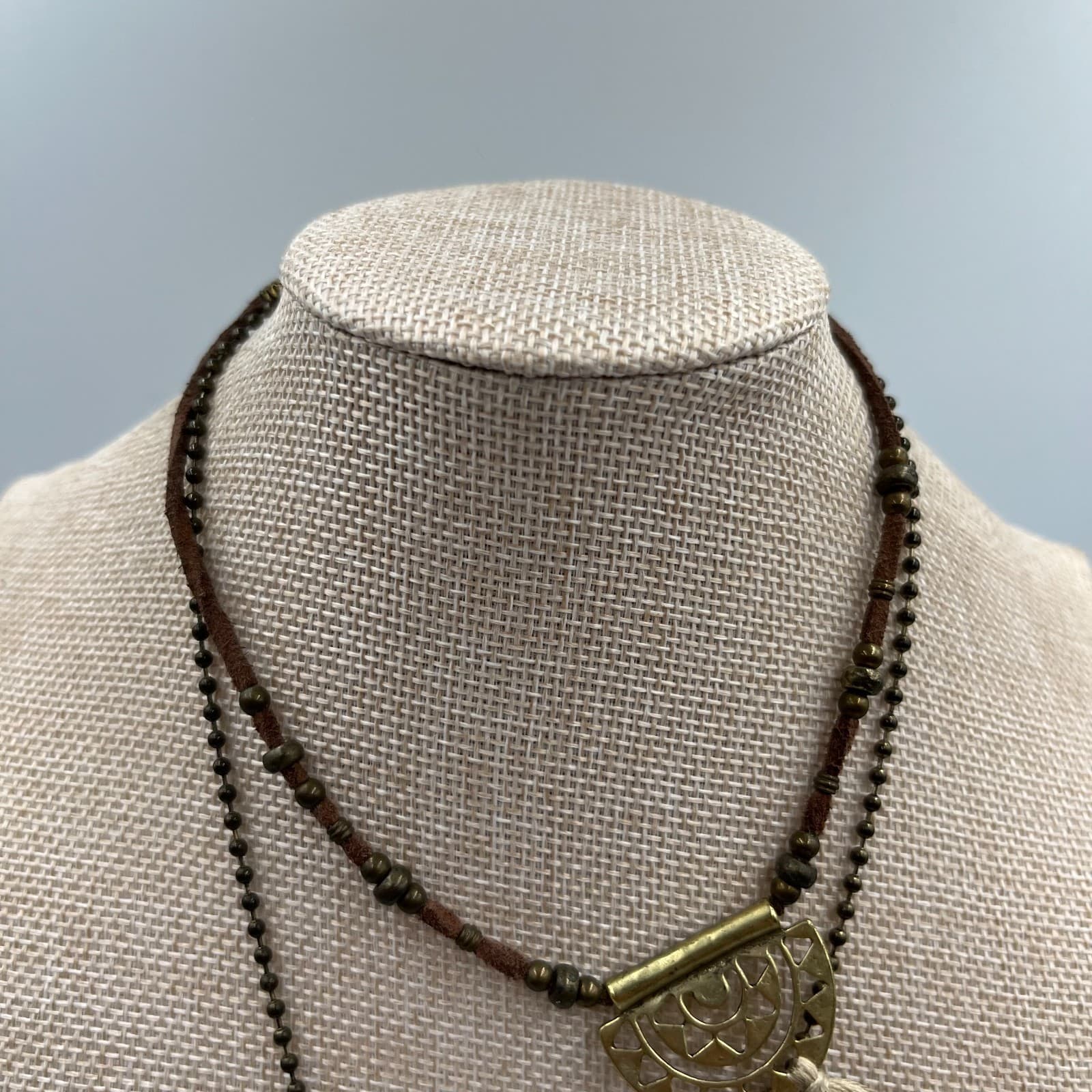 Vintage Brass Boho Tassel Necklace Tribal Geometric Pendant Long Ball Chain 70s - Thumbnail 2