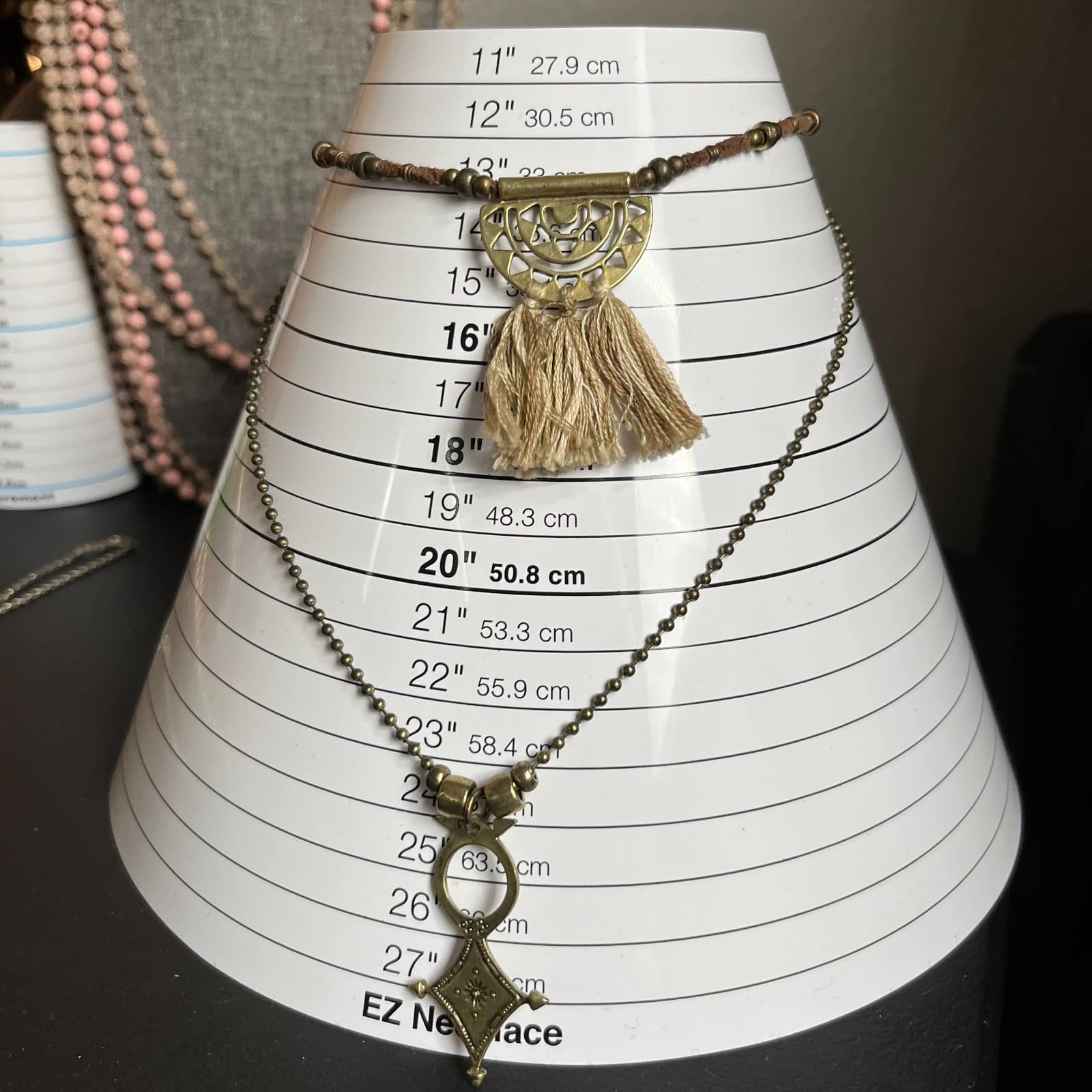 Vintage Brass Boho Tassel Necklace Tribal Geometric Pendant Long Ball Chain 70s - Thumbnail 7