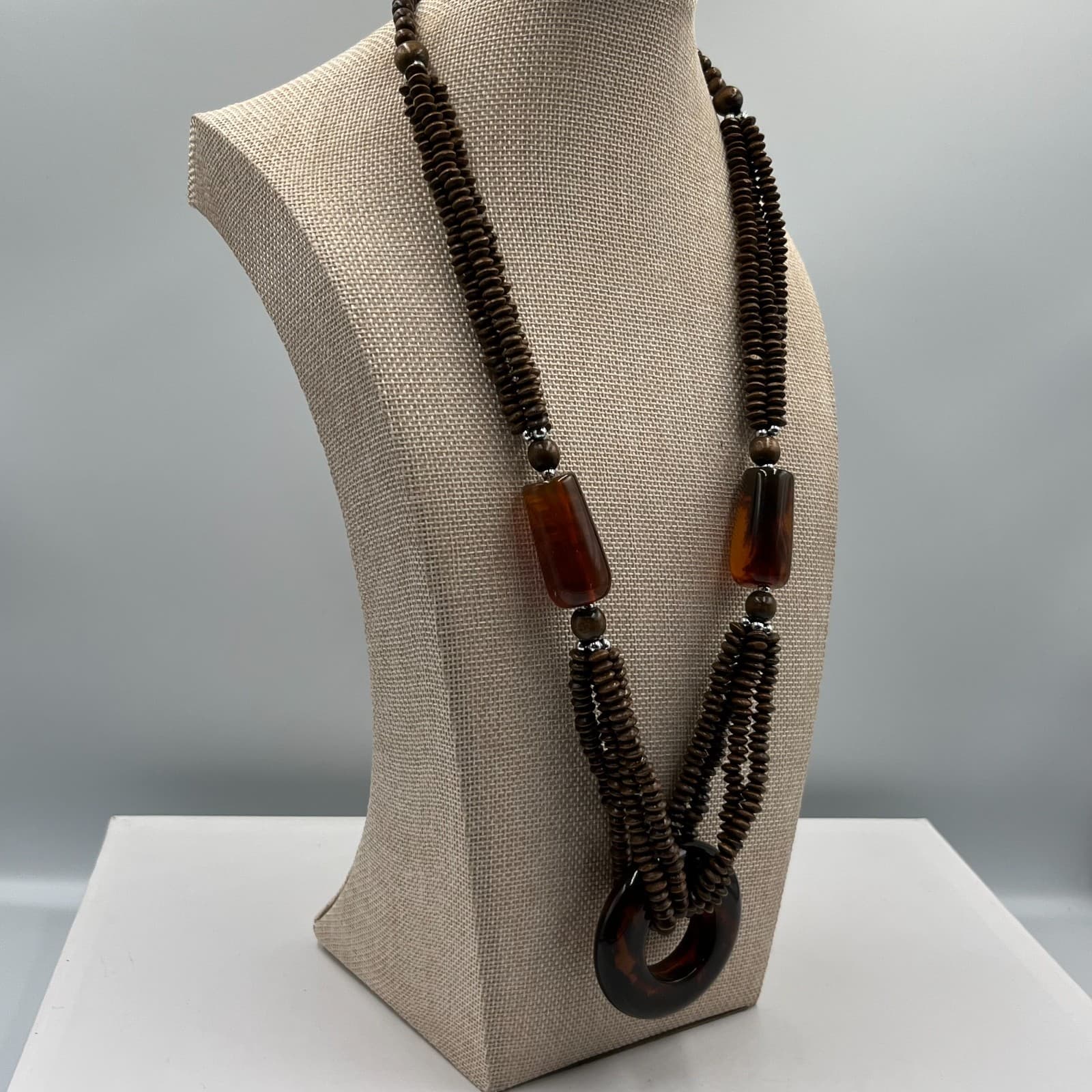 Vintage Wood Bead Necklace Multi Strand Boho Statement Resin Ring Pendant Brown - Thumbnail 6
