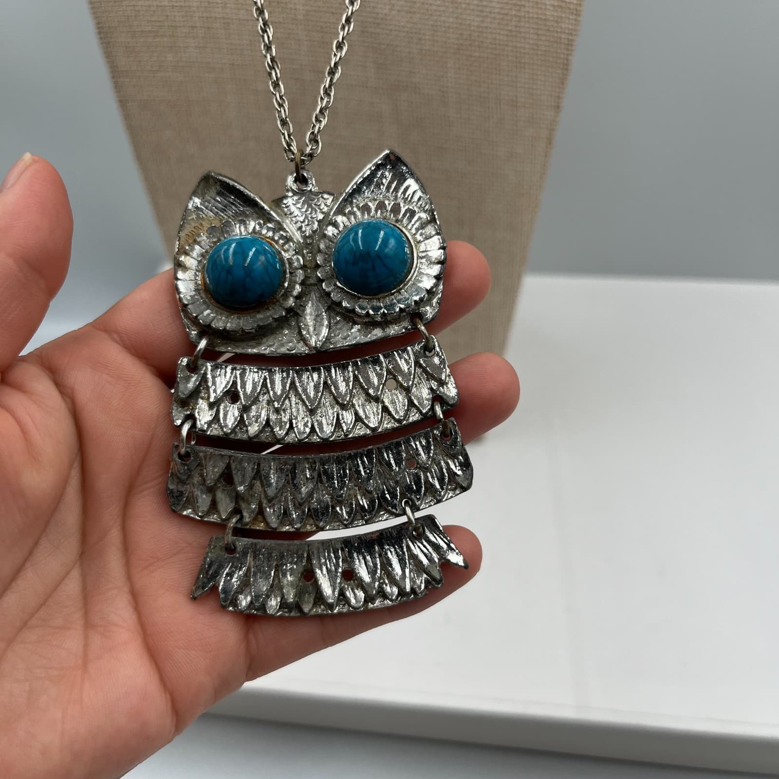 Vintage Articulated Owl Necklace 1970s Silver Tone Faux Turquoise Eyes Boho MCM - Thumbnail 3
