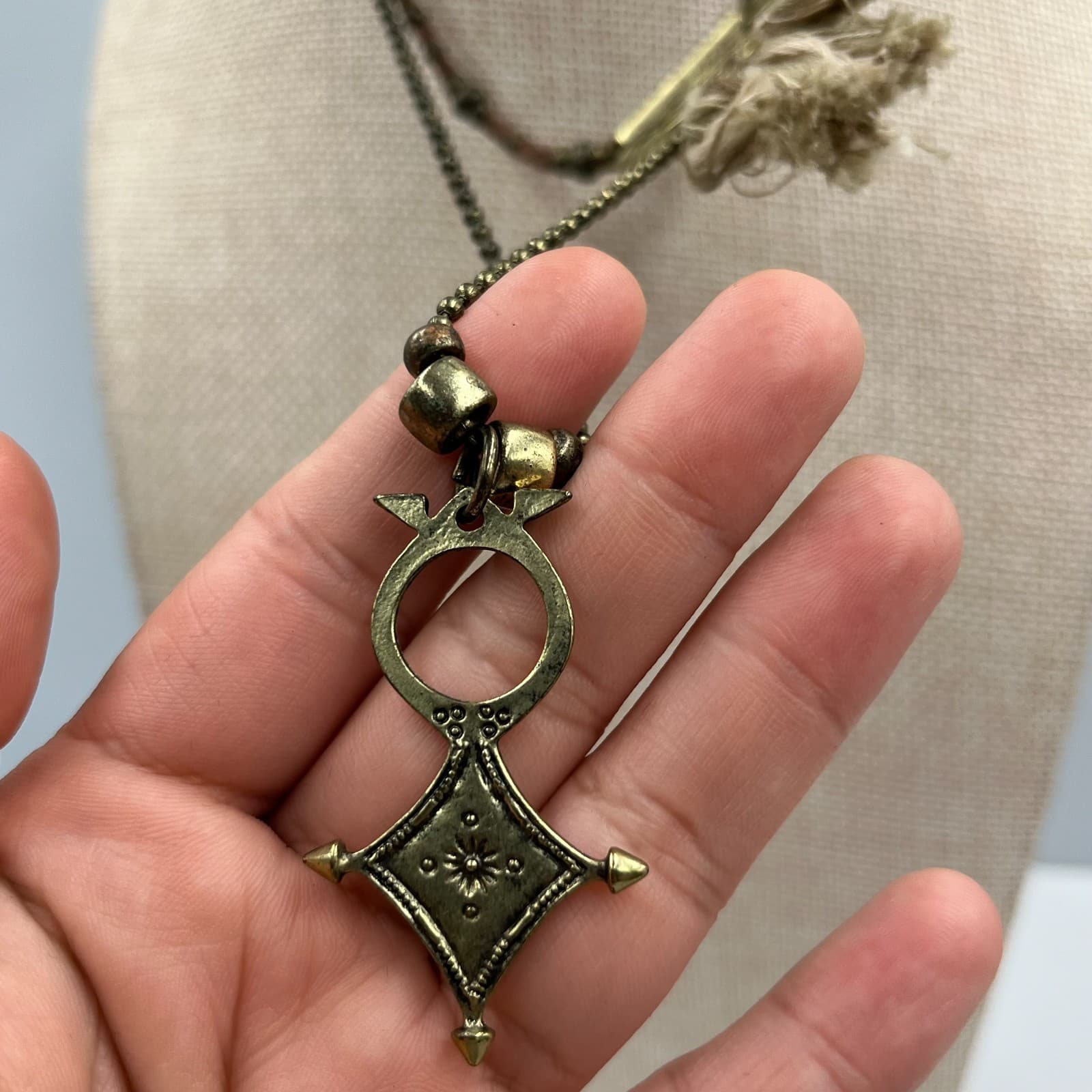 Vintage Brass Boho Tassel Necklace Tribal Geometric Pendant Long Ball Chain 70s - Thumbnail 5