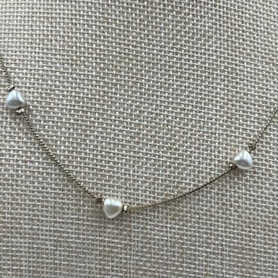 Gold Tone Chain Necklace w/ Heart Pearl Stations Dainty Minimalist Adjustable - Thumbnail 3