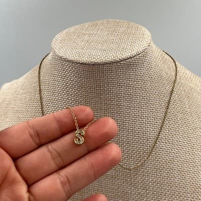 Gold Tone "S" Initial Pendant Necklace Rhinestone Letter Charm Minimalist - Thumbnail 5
