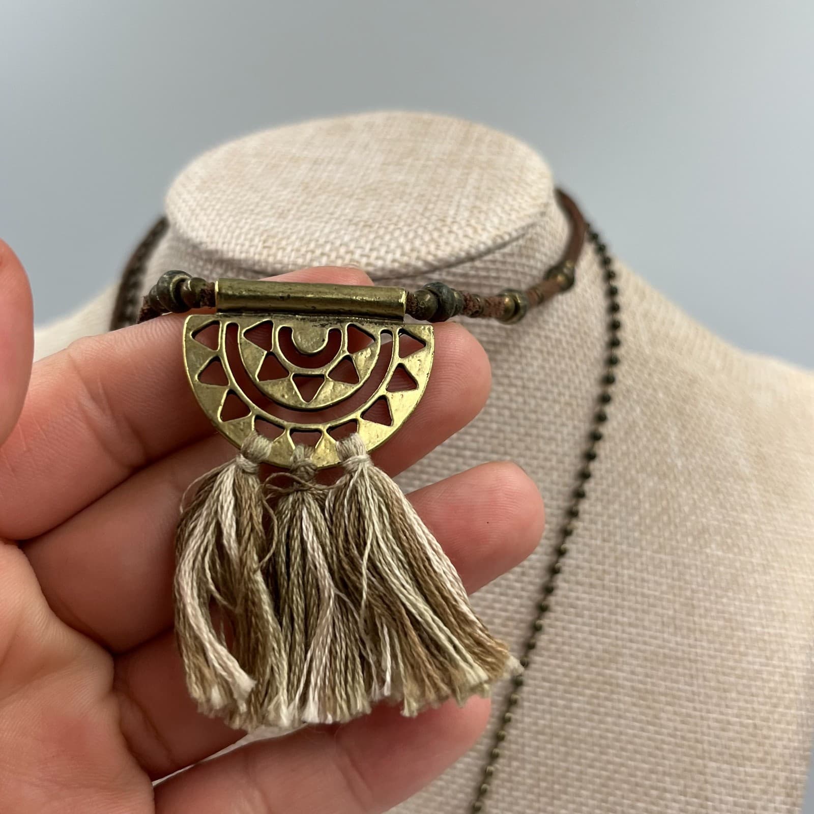 Vintage Brass Boho Tassel Necklace Tribal Geometric Pendant Long Ball Chain 70s - Thumbnail 6