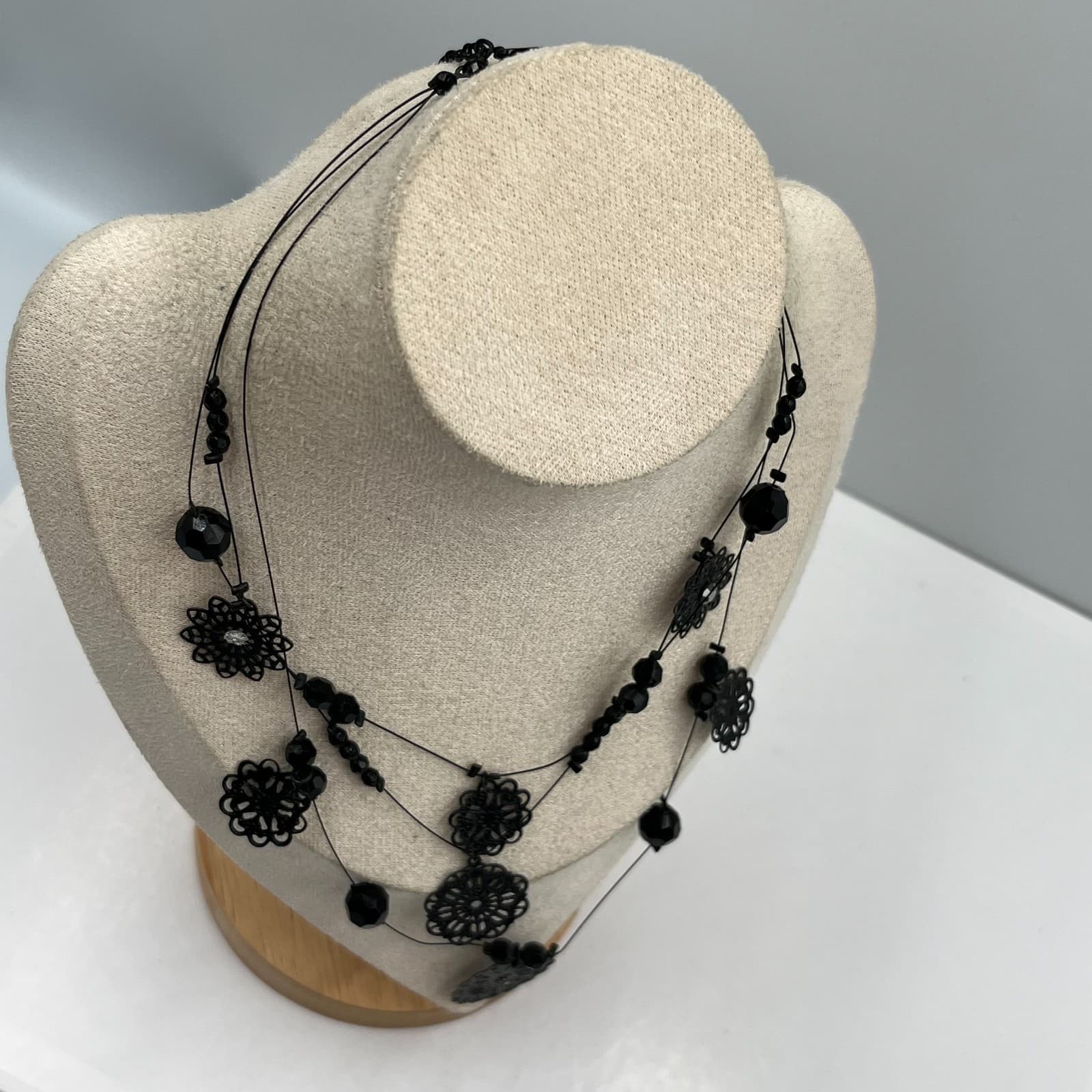 Vintage Black Triple Strand Beaded Necklace Silver Tone Floral Filigree Statemen - Thumbnail 5