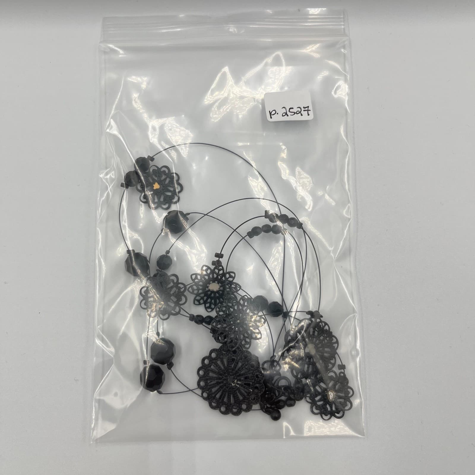 Vintage Black Triple Strand Beaded Necklace Silver Tone Floral Filigree Statemen - Thumbnail 8