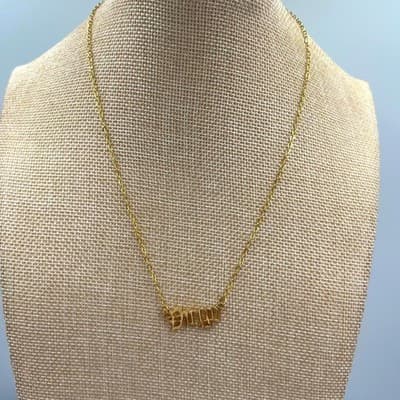 VTG Gold Tone Virgo Zodiac Nameplate Necklace Old English Font Script Celestial - Thumbnail 2