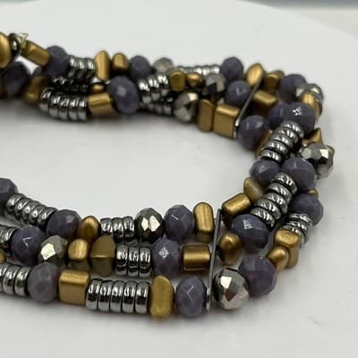 Vintage Multi Strand Beaded Bracelet Gray Faceted Beads Gold Silver Tone Wrap - Thumbnail 3