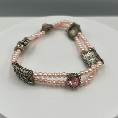 Vintage Pink Clear Crystal Beads Bracelet Silver Tone Decorative Clasp Victorian - Thumbnail 3