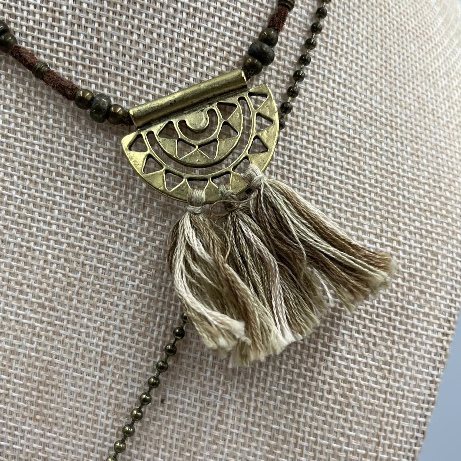 Vintage Brass Boho Tassel Necklace Tribal Geometric Pendant Long Ball Chain 70s - Thumbnail 3