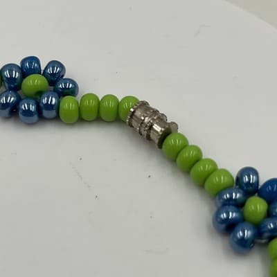 Vintage Blue Green Flower Beaded Bracelet Seed Bead Daisy Magnetic Clasp Boho - Thumbnail 4